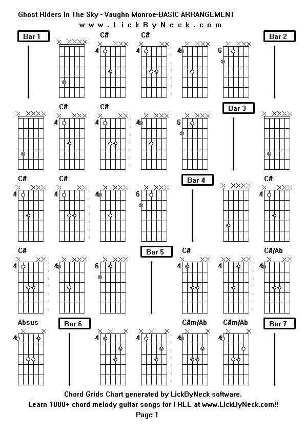 Chord Grids Chart of chord melody fingerstyle guitar song-Ghost Riders In The Sky - Vaughn Monroe-BASIC ARRANGEMENT,generated by LickByNeck software.